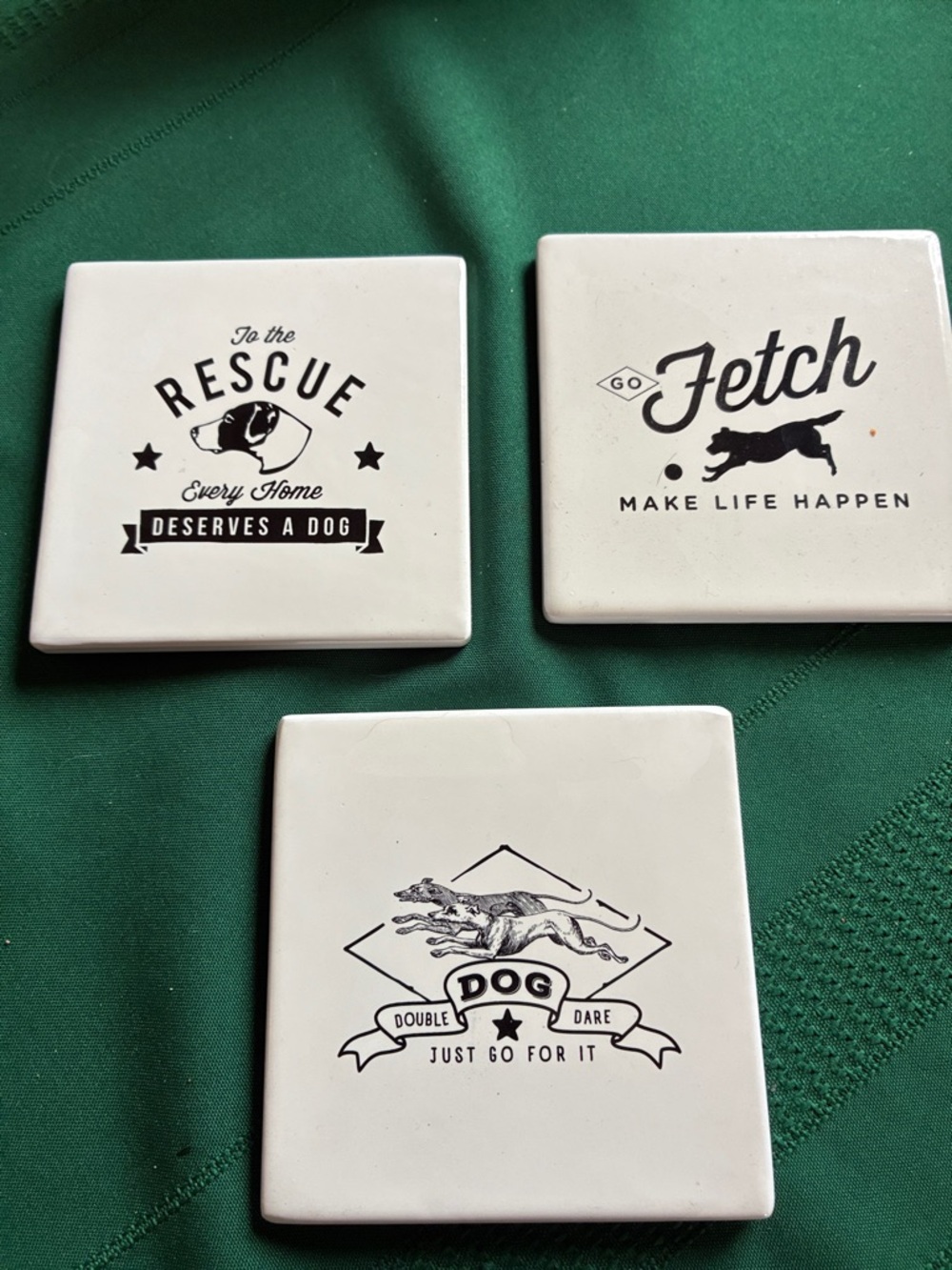 Set of 3 White Dog-Themed Ceramic Coasters